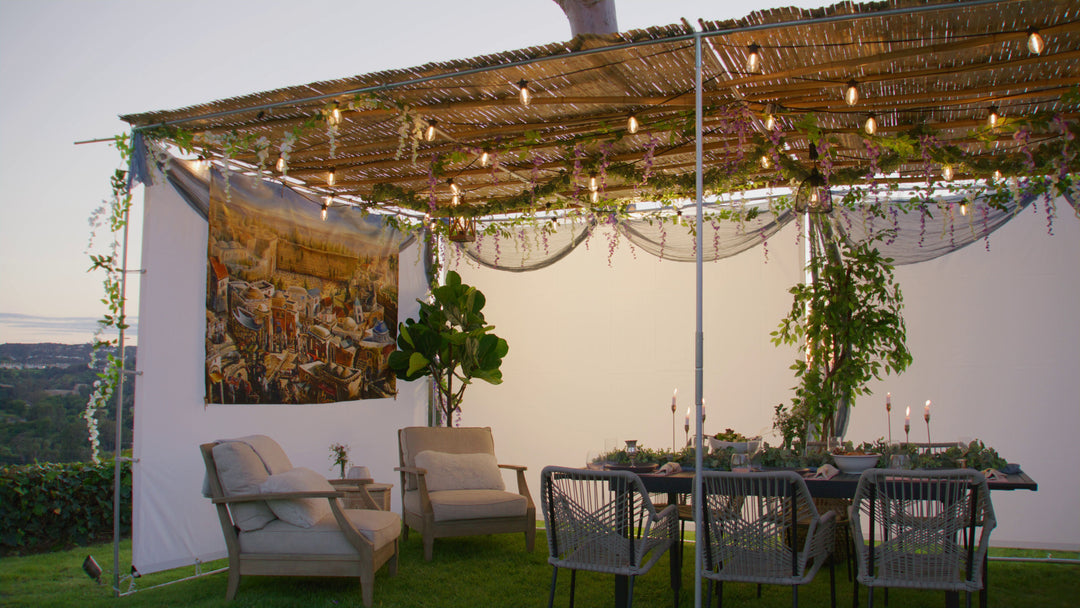 Expandable Sieger Sukkah kit with kosher bamboo Schach mats and a decorative Sukkah tapestry of Jerusalem