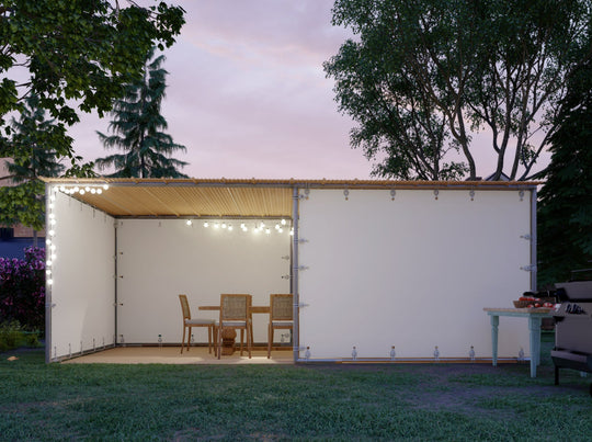 Expandable Sieger Sukkah kit with kosher bamboo Schach mats, Sukkah lighting and table and chairs