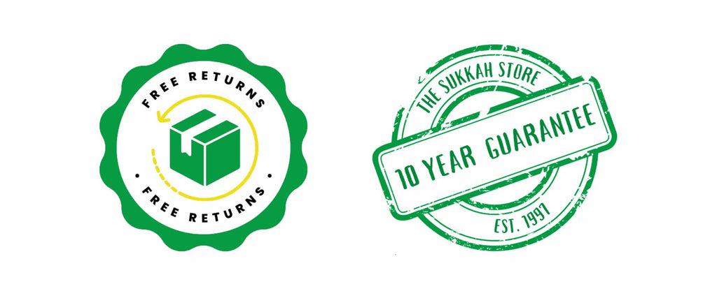 The Sukkah Store 10 Year Guarantee and Free Returns badges