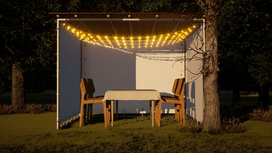 Easy-to-build Sieger Sukkah kit with white panels and kosher certified bamboo Schach mats with Sukkah lighting 